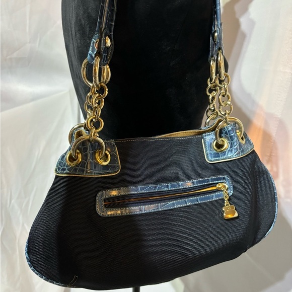 Kathy Van Zeeland Handbags - Kathy Van Zeeland Navy Canvas Faux Croc Double Strap Satchel Shoulder Bag Y2K